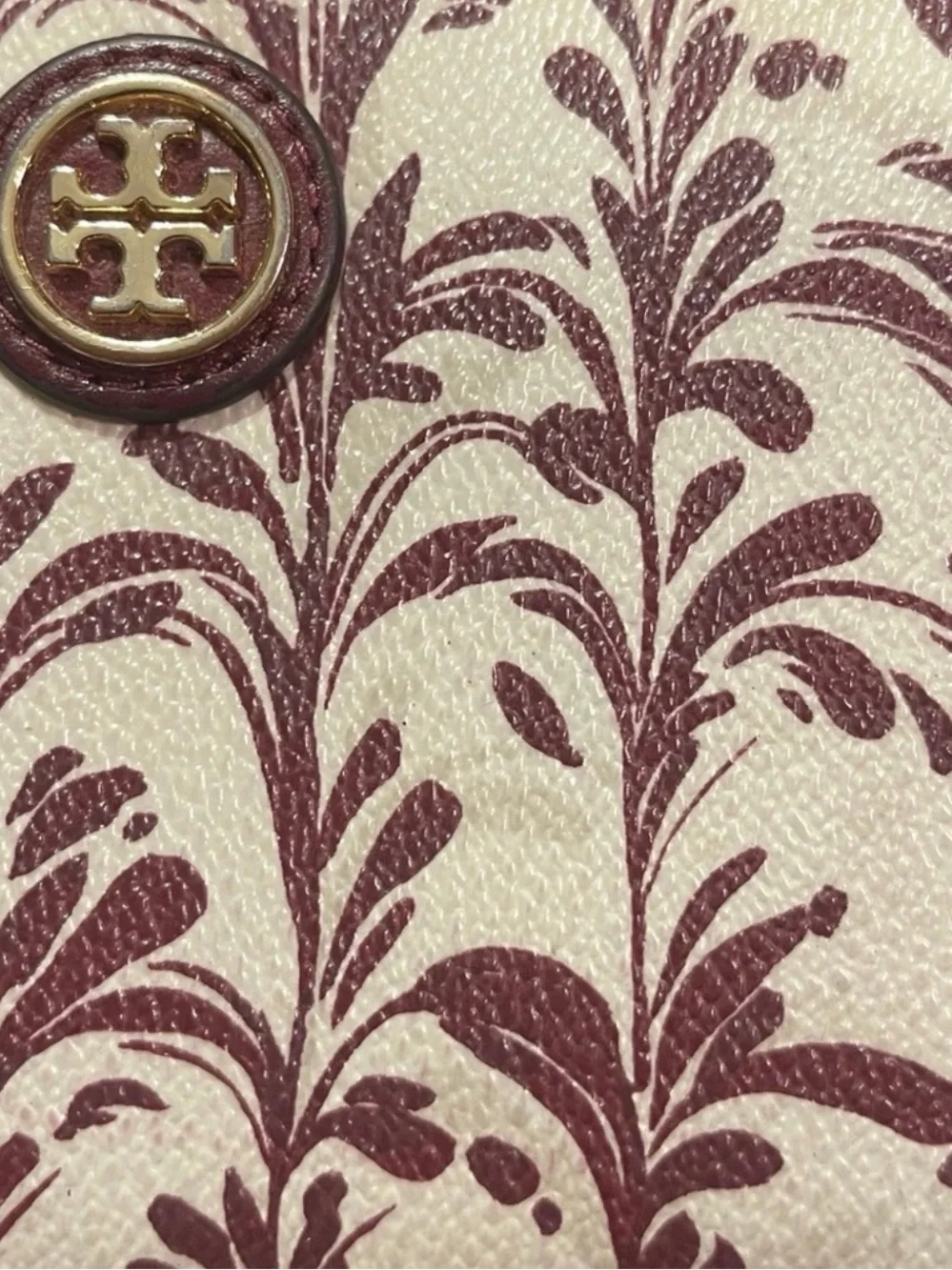 Tory Burch Cream and Maroon Printed Zip Wallet with Gold Logo